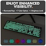 Large Print Backlit Keyboard Wired - Easy to See and Type - Light Up Keyboard for Seniors, Elderly, Kids - USB Lighted Keyboard, 7 Backlight Colors, Oversize Letters - Easy View PC, Computer Keyboards