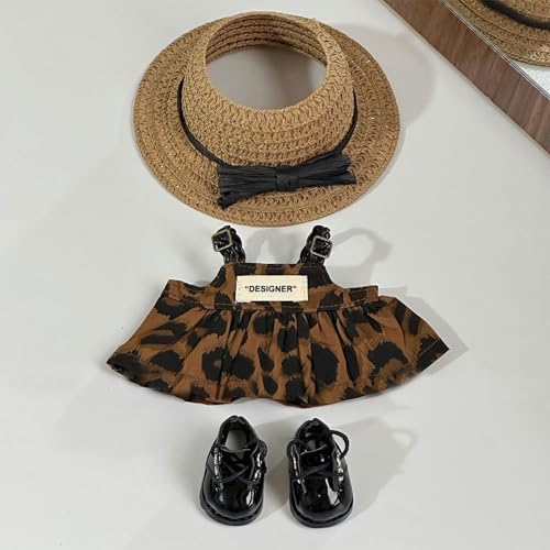 LBB Doll Outfit 17cm - 3-Piece Leopard Jumper Set: Denim Dress&Open-Top Hat&Shiny Patent Shoes, Complete Vacation Style for Blythe Pullip Dollfie