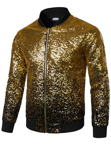 JOGAL Mens Sequins Nightclub Styles Zip up Varsity Baseball Bomber Jacket BlackGold X-Large
