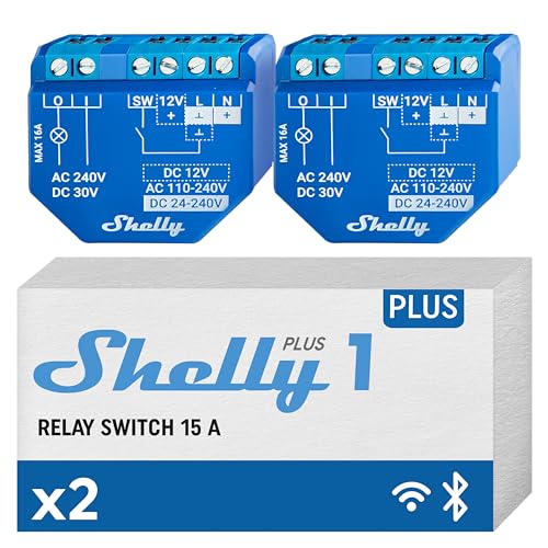 Shelly Plus 1 UL | WiFi Smart Relay Switch with Dry Contacts | Home Automation | Bluetooth Gateway | Alexa, SmartThings & Google Home Compatible | No Hub | Remote Control | Garage Door Opener (2 Pack)