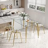 51 inch Glass Dining Table Set for 4, Dining Table & Chair Sets with Gold Plating Legs for Kitchen, Modern Rectangle Tempered Glass Table Top and Transparent Plastic Dining Chair for Dining Room