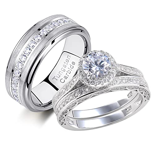 Newshe Wedding Rings Set for Him and Her Women Mens Tungsten Bands Round Cz 3Ct Sterling Silver 10&6