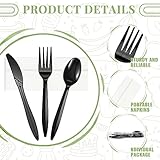 Uiifan 800 Pcs Plastic Silverware Individually Wrapped Plastic Cutlery Bulk Disposable Black Knife Fork Spoon Napkin Sets Plastic Ware Utensils Set for Lounge Wedding Picnic BBQ Camping Party