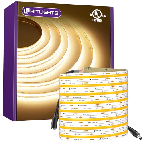 HitLights COB LED Strip Lights Warm White, 12V Tape Light 3000K 16.4ft, 2640 LEDs, 426 lm/ft, CRI 90+, IP30, Premium High Density Lighting for Kitchen, Cabinets, UL Listed (Power Source Not Included)