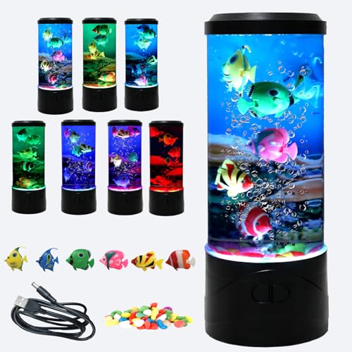 YPCOO Mini Bubble Fish Lamp,Fake Fish Tank Aquarium Lamp,Multi-Color Changing Aquarium Light with 6 Artificial Fish Night Lights-for Home Office Living Room Decor Gifts for Kids Adults (with 6 fishs)