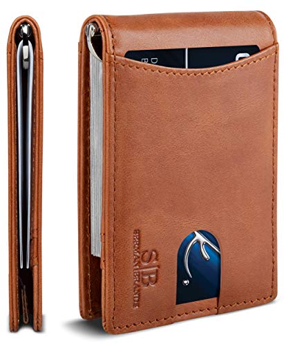 SERMAN BRANDS RFID Blocking Slim Bifold Genuine Leather Minimalist Front Pocket Wallets for Men with Money Clip Thin Gift (Dark Caramel 1.S)