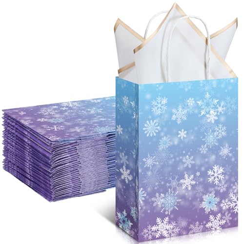 ReliThick 30 30 Pcs Snowflake Paper Bags Frozens Candy Treat Goodie Gift Bags with Handle Blue and Purple Party Favors for Princess Holiday Birthday Wonderland Party Supplies (Medium)