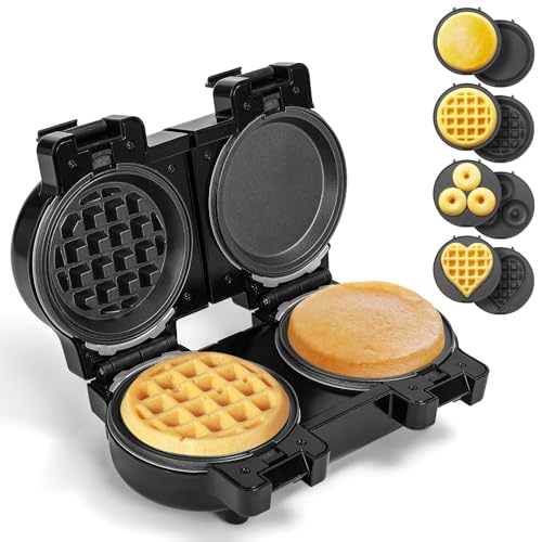 Mini Waffles Maker with 8 Removable Plates, 4 in 1 Double Small Waffle Maker Mini- Waffle, Heart Waffle, Pancake, Donut, 5" Non Stick Waffle Iron for Kids and Families, Separately Controllable