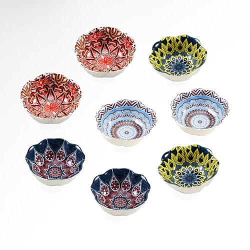 8Pack Sakura Plates Japanese Ceramic Dinnerware Sets, Cherry Flower Appetizer Plates, Dipping & Seasoning Bowls, Ice Cream & Sushi, Mini Bowls for Charcuterie Board (Assorted Color)