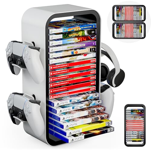 Allnice Universal Game Rack - Stores 19 Games, 4 Controller Holders, Organizes PS5/PS4/Xbox One/360/Series X/S/Switch & More
