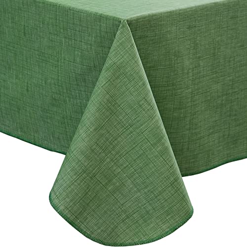 LIBERECOO Christmas Green Vinyl Tablecloth with Flannel Backing Waterproof Oil-Proof Plastic Table Cloth Wipeable PVC Table Cover for Indoor and Outdoor (Grass Green, 60 x 120 Inch (10-12 Seats))