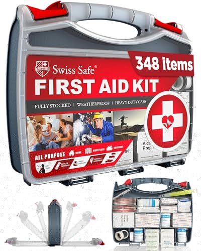 Swiss Safe 2-in-1 First Aid Kit for Car, Travel & Home, Businesses - Bonus Mini Kit for Medical Emergency Aid, Survival, Camping - FSA & HSA Eligible - 348 Pcs, Large Hardcase FAK