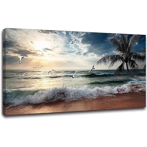 Yxbhhym Beach Wall Art Picture for Living Room Ocean Sunset Canvas Wall Decor Paintings Sea Poster Seascape Print Art Palm Artwork for Wall Art Bedroom Office Decoration Framed- 20x40inches