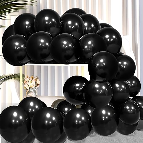 Firomi Black Balloons 12-inch 100 Pack Big Helium Round Black Metallic Thicken Latex Balloon for Birthday Party Black Theme Party Balloons (with 3 Ribbons)