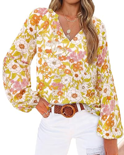 BTFBM Women Casual Boho Blouse Fashion Fall Shirts V Neck Long Puff Sleeve Lightweight Chiffon Spring Summer Tops 2024(Floral Yellow, X-Large)