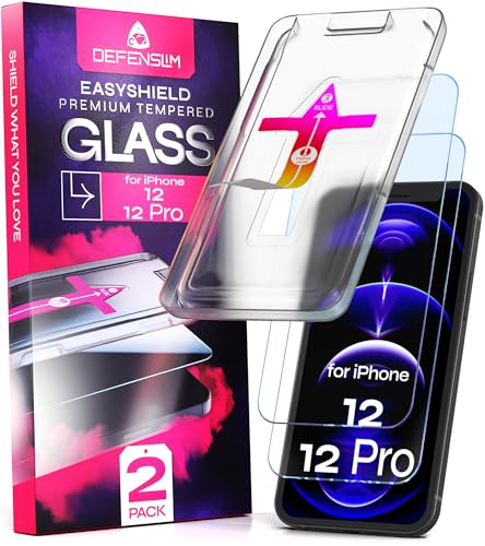 Defenslim Screen Protector compatible with iPhone 12/12 Pro (2Pack), Easy Auto-Align Install Kit, 6.1" Tempered Glass, 9H Hardness, Ultra HD Clear, Case Friendly, EasyShield