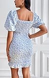 PRETTYGARDEN Women's Summer Floral Mini Bodycon Dresses Short Puff Sleeve Square Neck Ruffle Hem Mermaid Cocktail Dress (Light Blue White Flower,Medium)