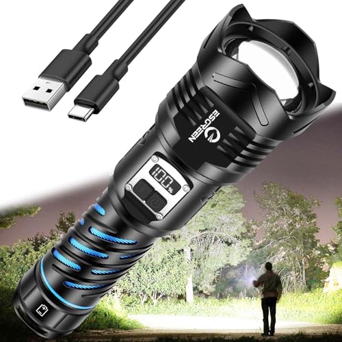 Esgreen Super Bright Rechargeable Flashlights High Brightness 3000 Lumens, Powerful Long Range LED Strong Big Flash Lights, Long Lasting USB C, LCD Digital Display, 5 Modes, Double Switches