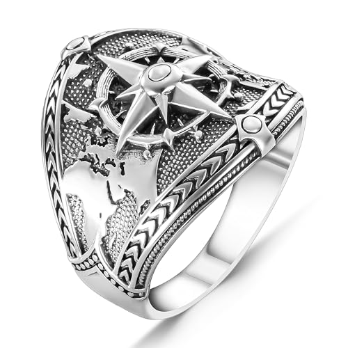 Compass and World Map Silver Ring, Mens Handmade Sailor Ring (12)