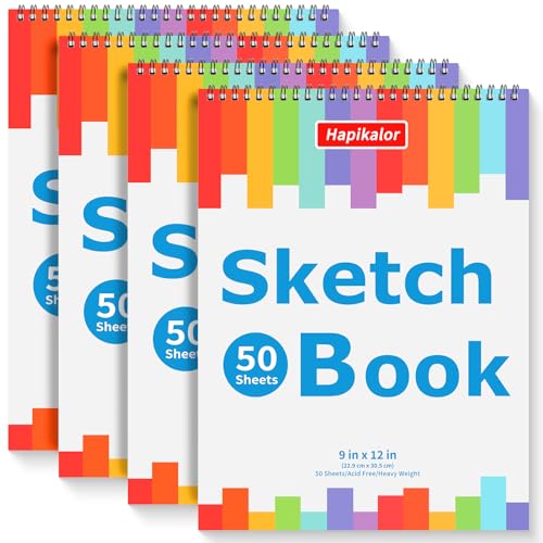 Hapikalor 9" x 12" Sketch Book, 4-Pack 50 Sheets Spiral Bound Art Sketchbook, Acid Free Artist Drawing Paper Pad for Kids Adults, Party Art Supplies, Ideal Gifts for 8 9 10 11 12 13 14 Year Old Girl