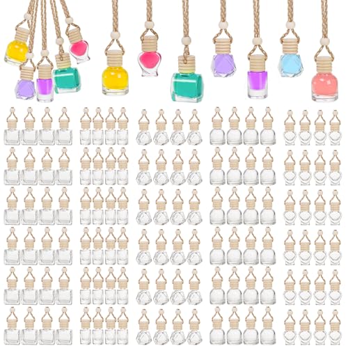 Fasmov 100 Pcs Hanging Car Air Freshener Diffuser, 10ml/8ml/5ml Empty Clear Glass Essential Diffuser Oil Aromatherapy Fragrance Perfume Pendant Glass Vials with Wooden Caps Lanyard, 5 Assorted Style