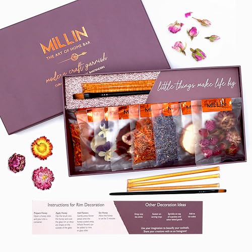 MILLIN Rim Decoration Cocktail Garnish GIFT SET – Honey, Brush, Rose Petals, Lavender, Edible Flowers and Dehydrated Fruits | Premium Drink Garnish for Bartenders, Home Bars, Men & Women | Liquor, Holiday, Unique Gift, Art & Craft, Romantic