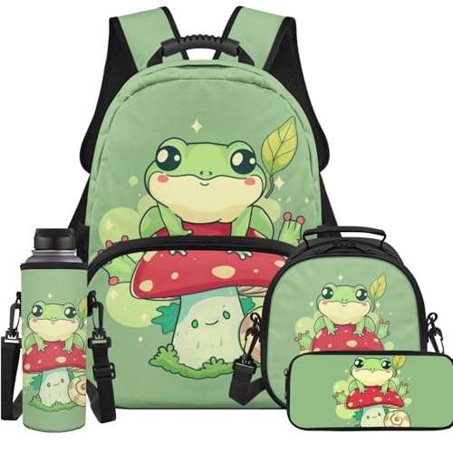 Ystardream Cartoon Frog Book Bags for Girls Backpack with Lunch Box Pencil Case Water Bottle Sleeve 4 in 1 for Girls 8-10 Teens Kids Bookbag Kindergarten Elementary Middle School Bag with Front Pocket