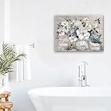 Farmhouse Flower Bathroom Decor Wall Art Rustic Hummingbird White Floral Pictures Wall Decor Relax Soak Unwind Bathroom Sign Canvas Painting Prints Artwork Home Decorations Framed for Bedroom 16"x12"