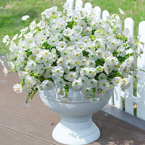 Artificial Outdoor Flowers Fake Plants for Spring Summer Decoration, 12 Bundles White Silk Morning Glory Eucalyptus UV Resistant Realistic Faux Flower for Outside Home Planter Porch Yard Patio Balcony