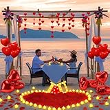 Happy Anniversary Valentines Day Decorations,Romantic Special Night Decorations for Bedroom Room Decor,Rose Petals and Candles Set,I Love You Sign Lights and Balloons,Felt Heart Strings Foil Balloons