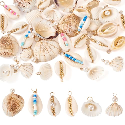 Beadthoven 36pcs Golden Natural Shell Pendants Ocean Beach Seashell Charms with Pearl Beads Wire Wrapped Clam Cowrie Shell Dangle Beads with Loop for Jewelry Making DIY Necklace Earrings Supplies