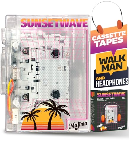 MAJIMA Bluetooth Cassette Player + FM Radio + Headphones Included + USB & AA Powered + Transparent Vintage Design – Retro Walkman Style Gift – SunsetWave Edition