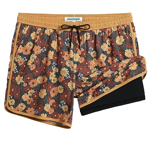 maamgic Mens Short 80s 90s Vintage 5.5" Swim Trunks Swimsuits Board Shorts Compression Liner Quick Dry 2 in 1 Bathing Suits Floral Black Gold X-Large