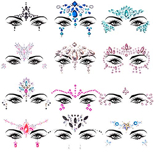 SIQUK 12 Sets Face Jewels Mermaid Face Gems Face Rhinestone Temporary Tattoos Crystal Tears Gems Stones for Race Carnival Festival Party