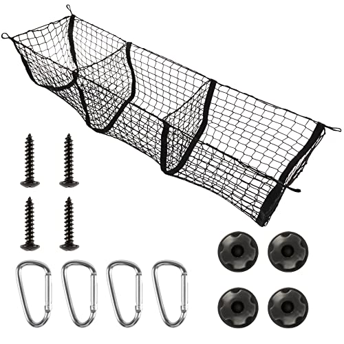 Amiss Heavy Duty Mesh Cargo Net, 3 Pocket Trunk Bed Storage Organizer Compatible for SUV, Car, Pickup Truck Bed, Etc.with 4 Metal Hooks (11.8×11.8×47.3 Inch), Black