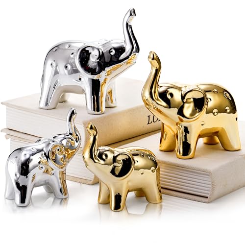 Pumtus 2 Pair Elephant Statue Home Decor, Good Luck Ceramic Elephants Figurines, Modern Style Elephant Decor, Cute Animal Sculpture for Living Room Bookshelf Desktop Office (Gold & Silver)