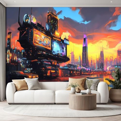 WEANOKCRA Canvas Wallpaper Peel & Stick Punk Cityscape Neon Street Game Scene Japanese Anime Lights Wall Mural Self-Adhesive Removable Wall Decor for Bedroom & Living Room - 100" x 144"
