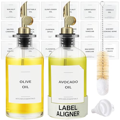 Spaceneat Olive Oil Dispenser Bottle - Includes 55 Kitchen Essential Labels - Cooking Oil Bottles for Kitchen, Coffee Syrup Dispenser - Pourer Spout with 11.8 fl oz Glass Container Cruet - 2pcs, Gold