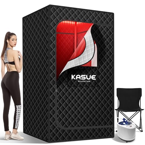 KASUE Upgraded Infrared Sauna Box for Relaxation,Detoxification,Portable Steam Sauna for Home with XL Steamer,Folding Chair,Multiple Layered Full Body Sauna Tent for Spa,Indoor,Outdoor,Gym-Black