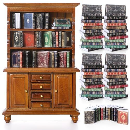 Chivertion 48 Pcs 1:12 Scale Dollhouse Miniatures Books with 1 Miniature Wooden Bookshelf Mini Bookcase Doll House Furniture Accessories for Mini Library Bedroom Decoration(Brown)