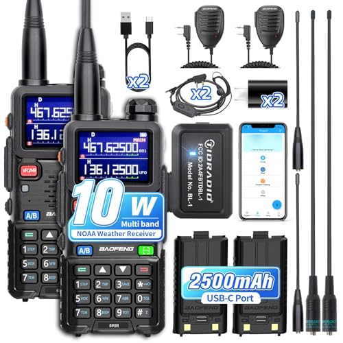 BAOFENG 5RM Ham Radio 10W Long Range Walkie Talkies with Wireless Programmer,Emergency NOAA Weather Radio,2500mAh USB-C Rechargeable Battery,TD-771 Long Antenna & Speaker Mic For Survival Gear - 2Pack