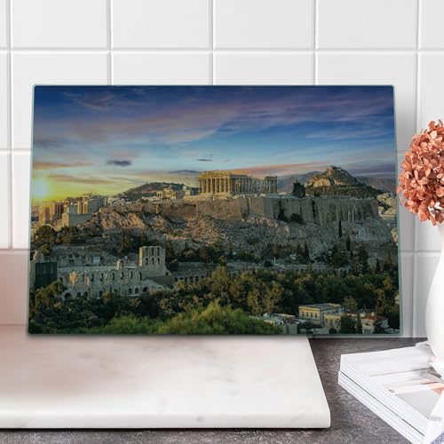 Lunarable Athens Cutting Board, Historical Architecture at the Acropolis of Athens During a Colorful Sunset, Decorative Tempered Glass Cutting and Serving Board, Large Size, Multicolor