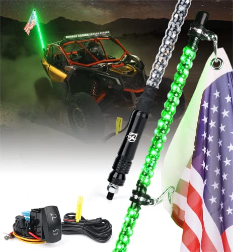 Xprite 4FT Green LED Spiral Whip Lights, Warning Safety Flexible Whips Pole Lighted Antenna w/U.S. Flag for Side by Side Buggy Dunes Off-Road UTV ATV Yamaha Polaris RZR Can-Am X3 4X4 Trophy Trucks