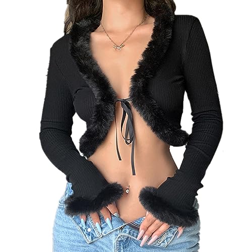 Women's Sexy Feather Trim Blouse Tops Long Sleeve Tie-up Cardigan Faux Fur Crop Top Rave Festival Outfits Black