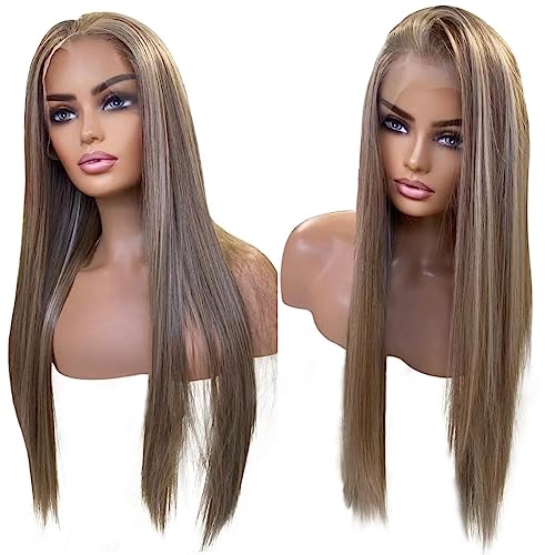 NINA Long Straight Synthetic Lace Front Wigs Mix Color Light Brown Highlights Blonde Glueless Natural Hairline Silk Soft Heat Resistant Fiber Hair With Baby Hair For Black Women 24 Inches