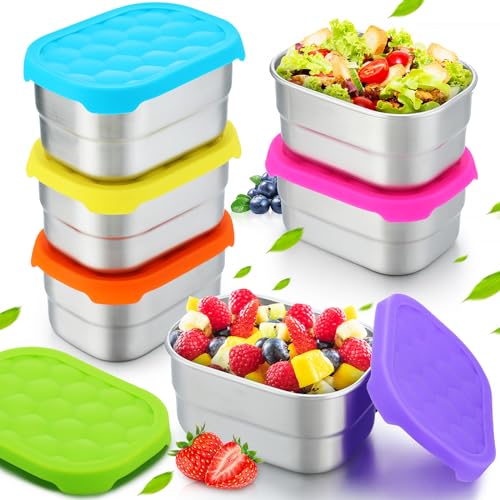 Layhit 6 Pcs Stainless Steel Snack Containers for Kids, 8 oz Lunch Containers with Silicone Lids Small Reusable Metal Food Box for Child Daycare School Home Storage Supplies(Vivid Color)