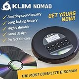 KLIM Nomad - Portable CD Player Walkman with Long-Lasting Battery - with Headphones - Radio FM - Compatible MP3 CD Player Portable - TF Card Radio FM AM Bluetooth - Ideal for Cars - Black