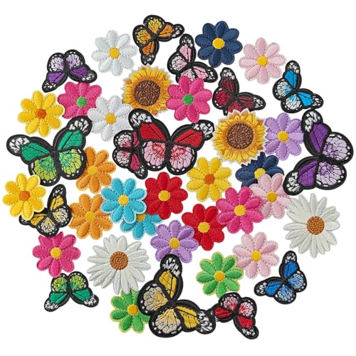 IANZE 42PCS Flower & Butterfly Iron on Patches, Sew on Embroidered Applique Flower & Butterfly Patches for Clothes, Jeans, Hats, T-Shirts, Backpacks, Etc