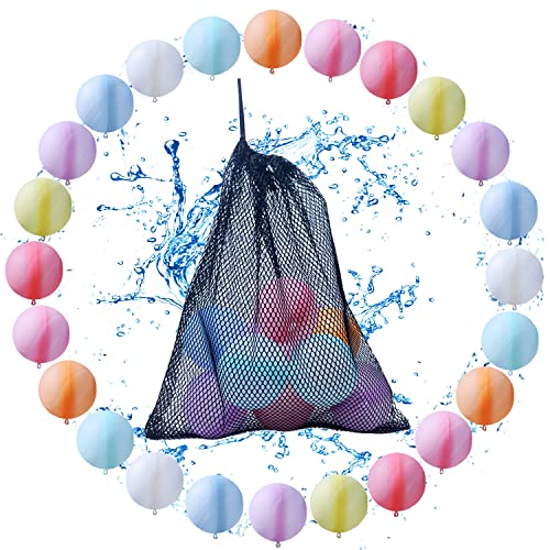 Reusable Water Balloons Water Balls Latex-Free Soft Silicone Water Splash Ball with Portable Mesh Bag Summer Outdoor Play Pool Party Backyard Fun Water Toys (24 Pack)