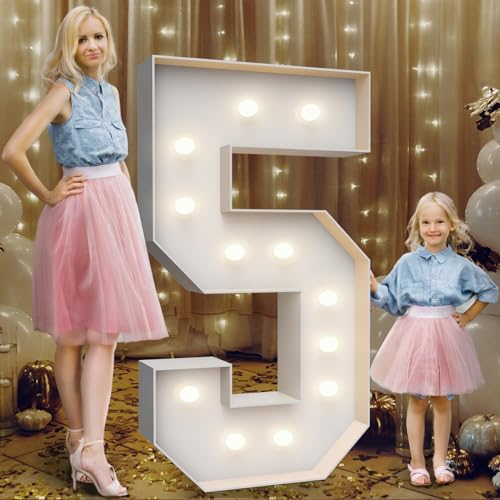 4FT Marquee Light Up Numbers 5,Party Decoration Large Marquee Light Up Letters with Weighted Water Bag,Pre-cut Foam Board Set Can Be Used for Birthdays,Weddings,Baby Anniversaries